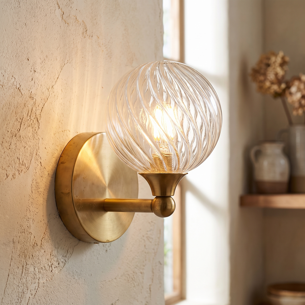 Ribbed Clear Glass Globe Brass Wall Light close-up detail
