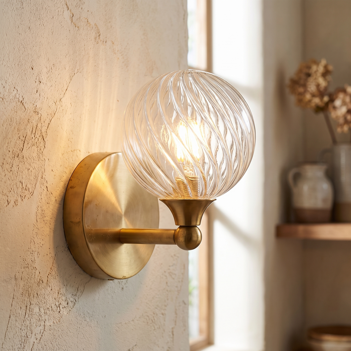 Ribbed Clear Glass Globe Brass Wall Light close-up detail