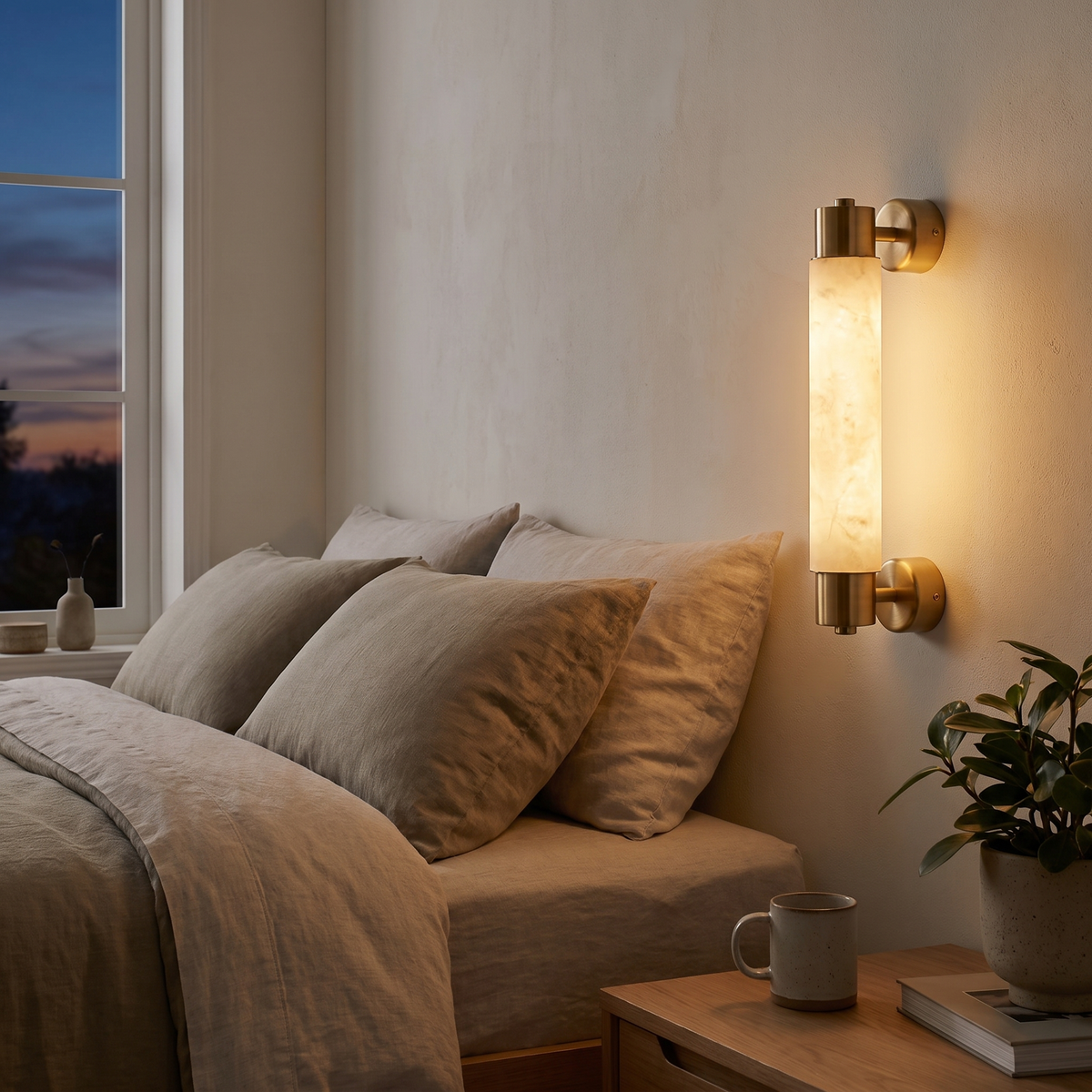 Vertical Alabaster Bar LED Wall Lamp in a bedroom