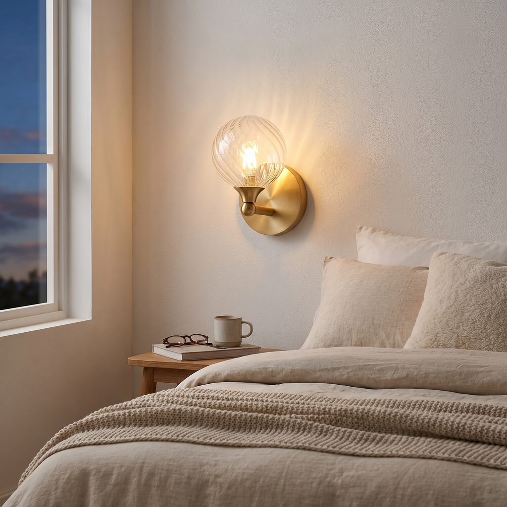 Ribbed Clear Glass Globe Brass Wall Light in a bedroom