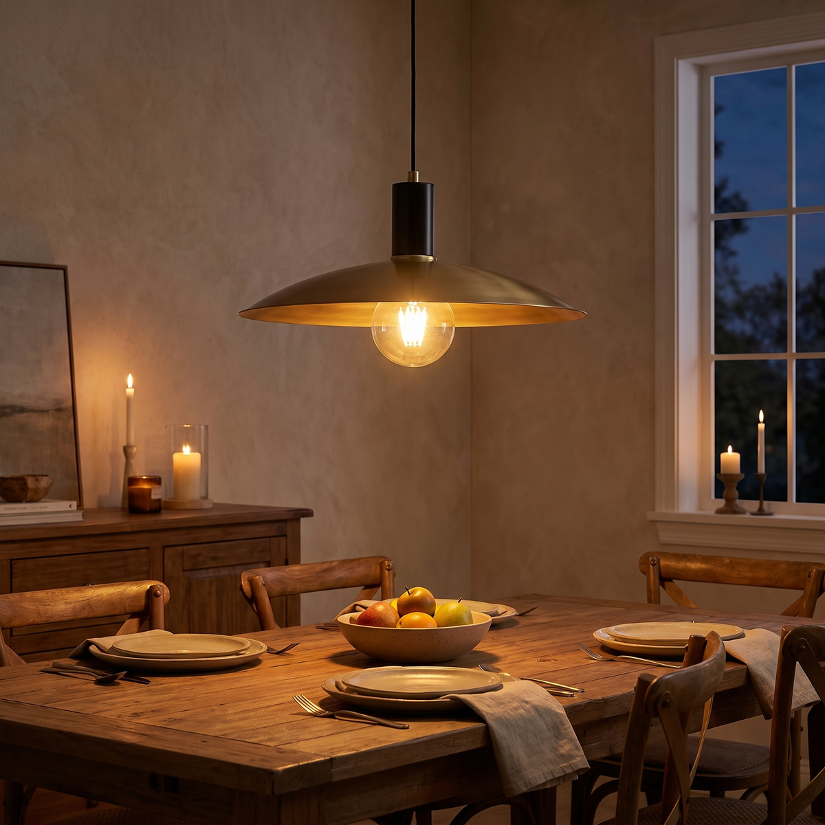 Wide Brass Shade Pendant Light in a dining room