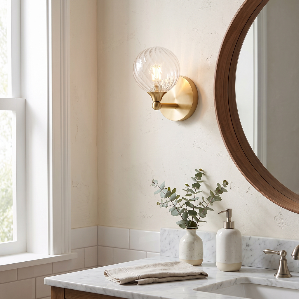 Ribbed Clear Glass Globe Brass Wall Light in a hallway