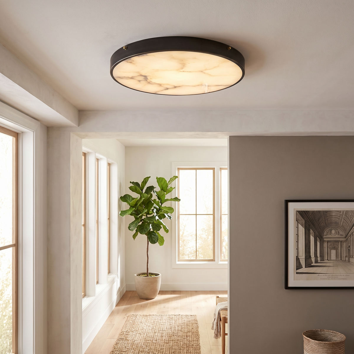 Ultra-Thin Veined Panel LED Ceiling Light in a hallway