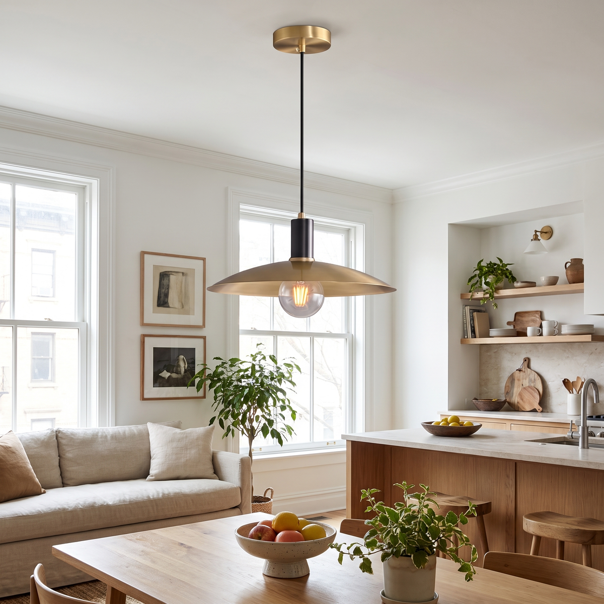 Wide Brass Shade Pendant Light in a living room