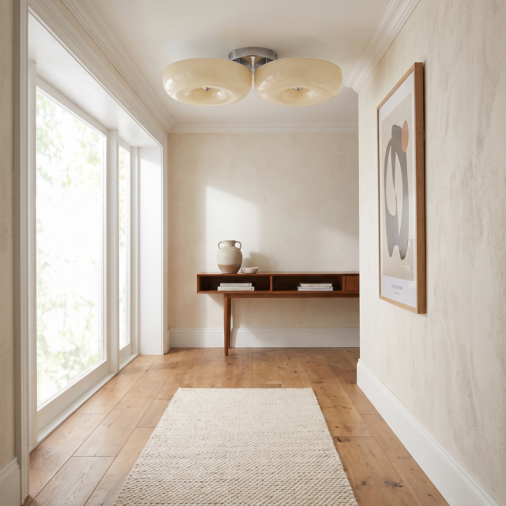 Twin Glossy Dome LED Flush Ceiling Light in a hallway