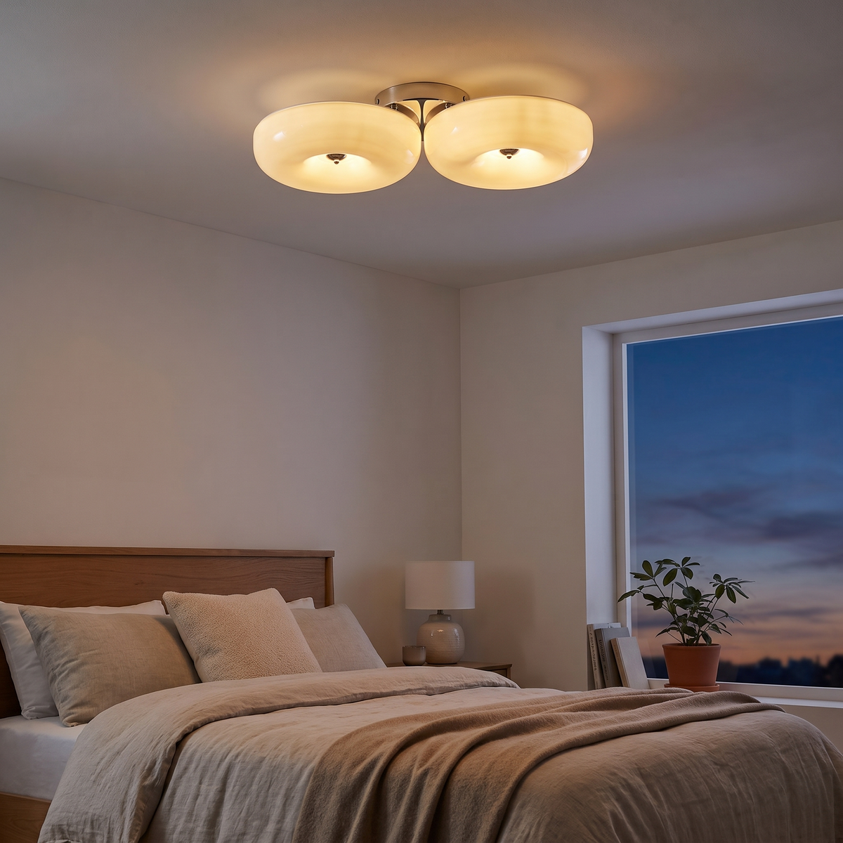 Twin Glossy Dome LED Flush Ceiling Light in a bedroom