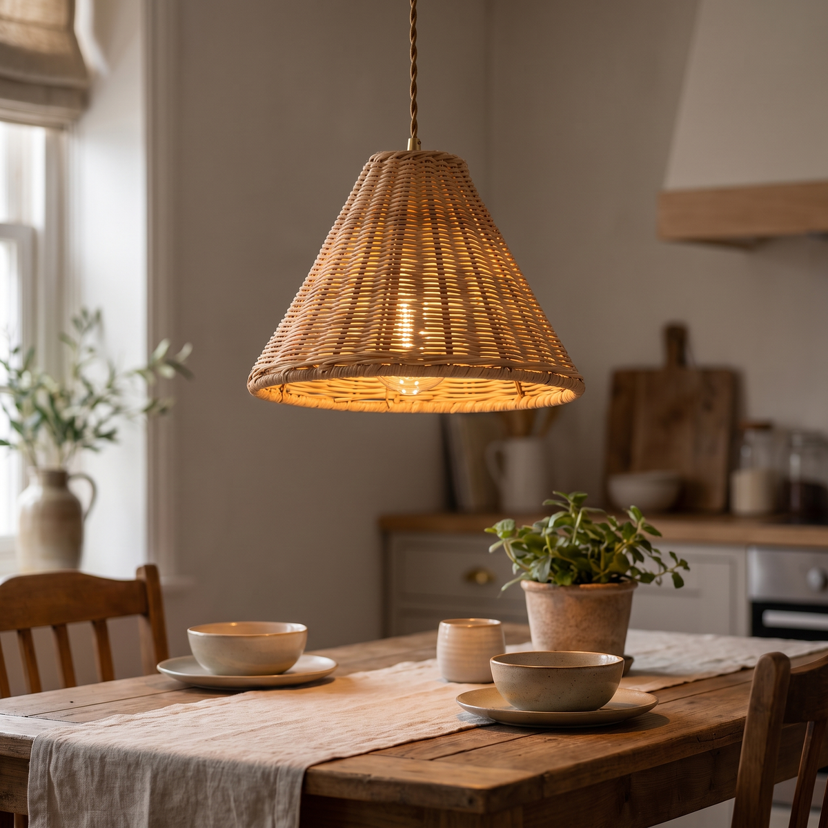 Woven Rattan Cone Pendant Light close-up detail