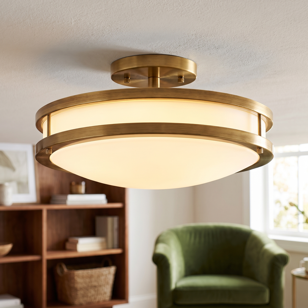 Round Frosted Glass Brass LED Flush Ceiling Light close-up detail