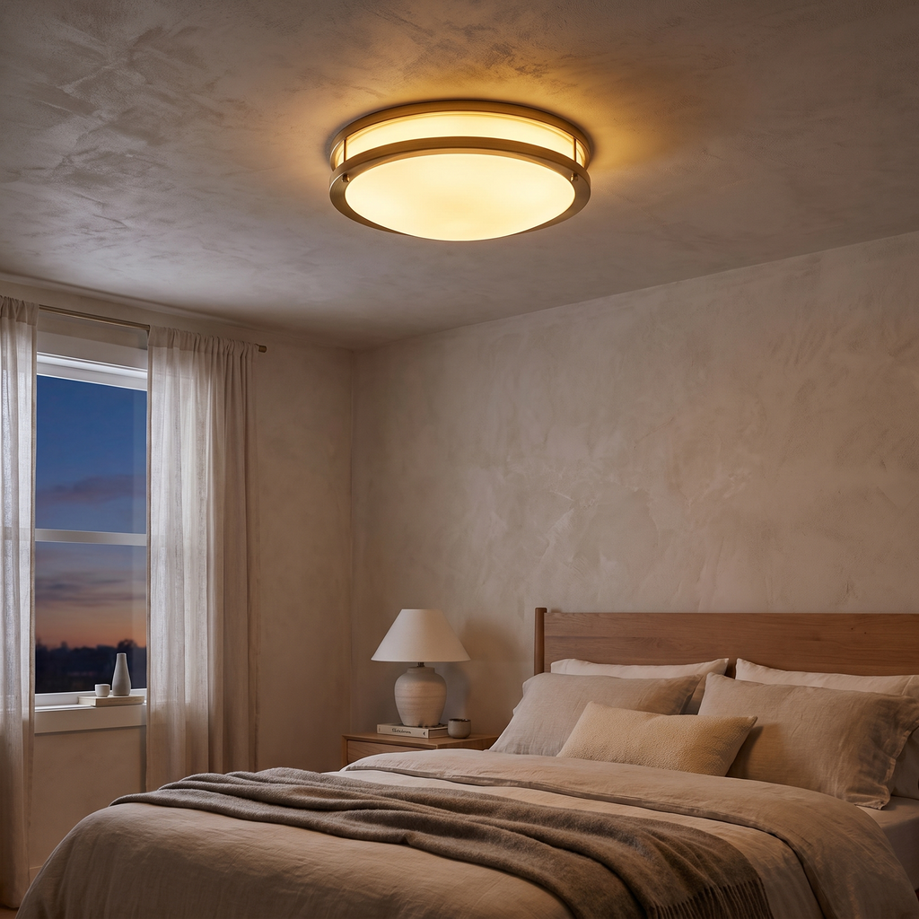 Round Frosted Glass Brass LED Flush Ceiling Light in a bedroom