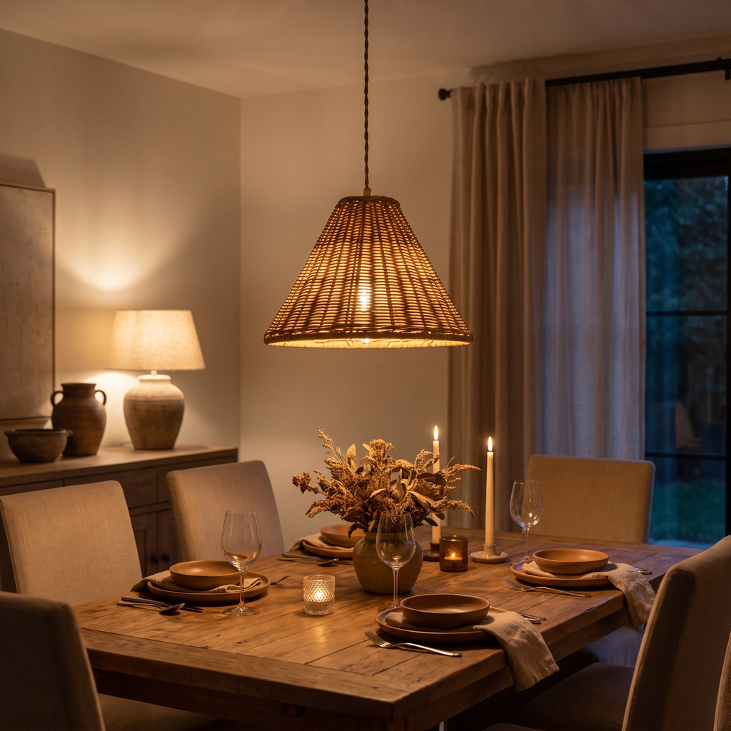 Woven Rattan Cone Pendant Light in a dining room