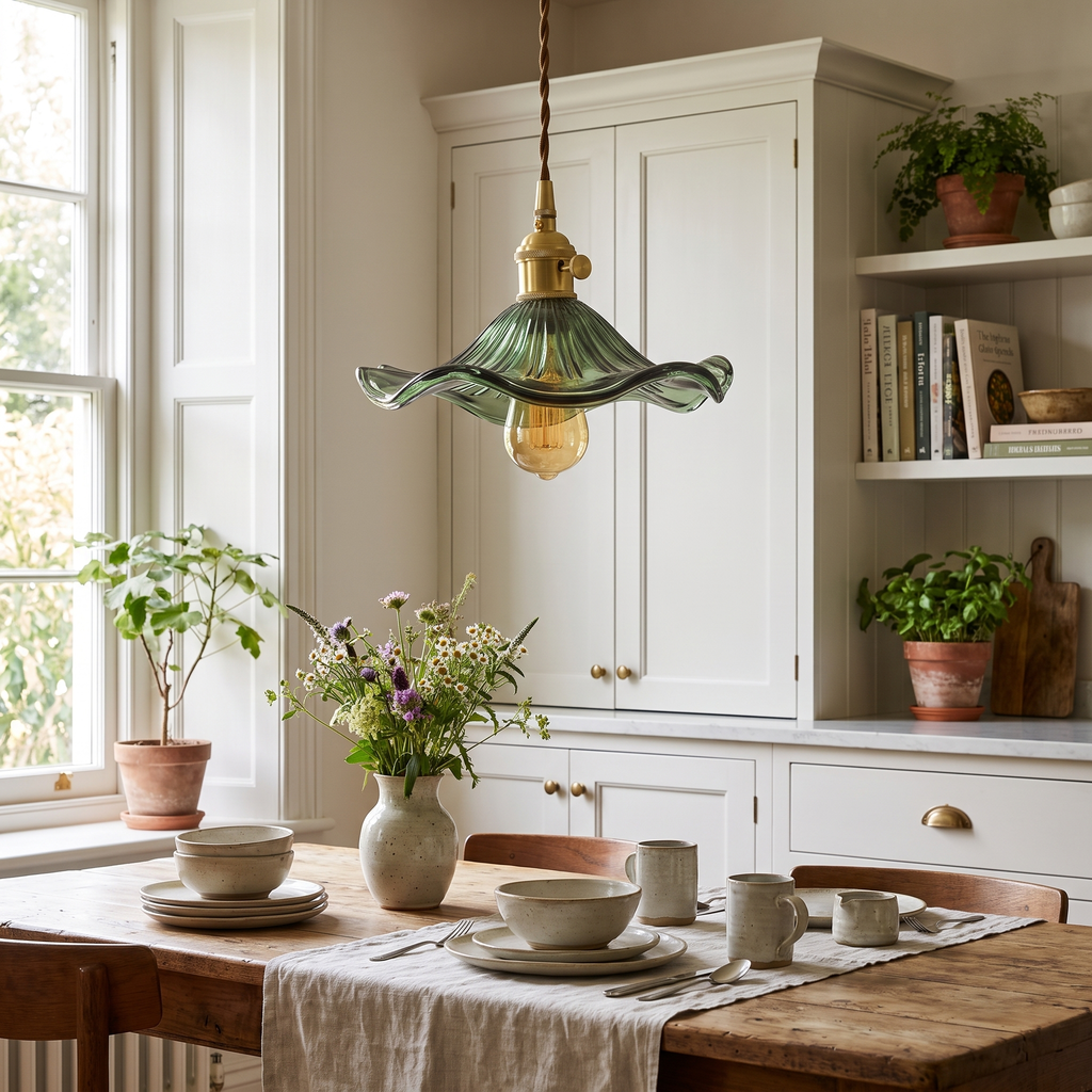 Fluted Glass Flower Pendant Light in a living room