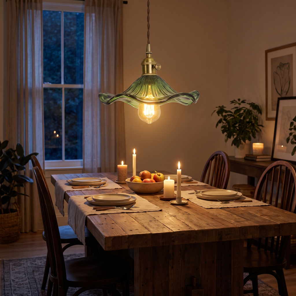 Fluted Glass Flower Pendant Light in a dining room