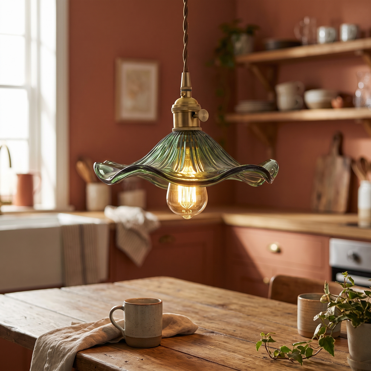 Fluted Glass Flower Pendant Light close-up detail