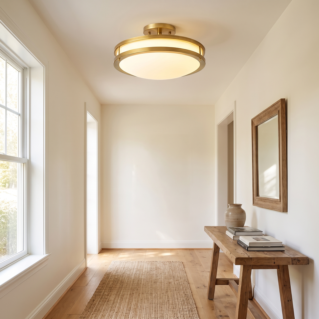Round Frosted Glass Brass LED Flush Ceiling Light in a hallway
