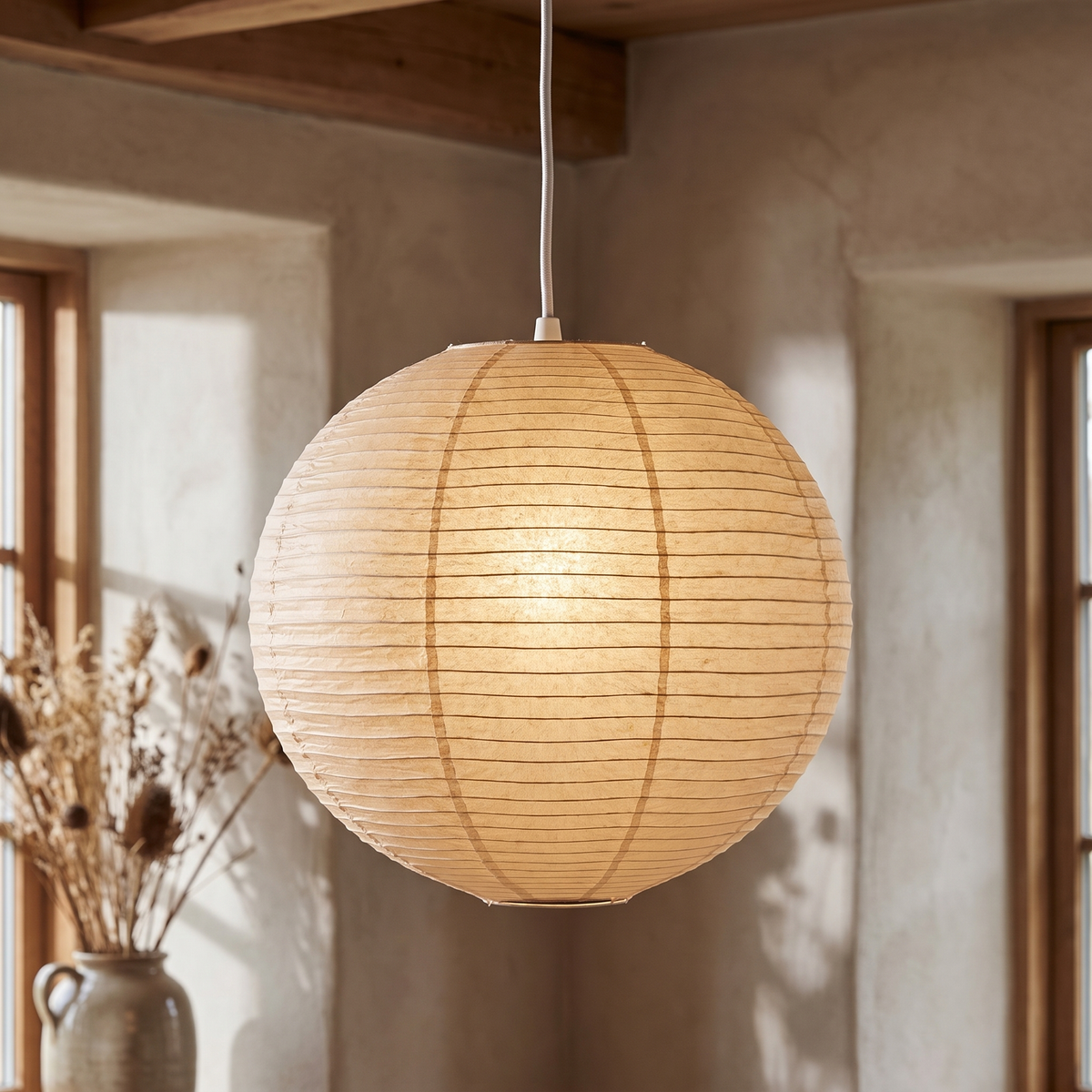 Ribbed Rice Paper Globe Pendant Lamp close-up detail