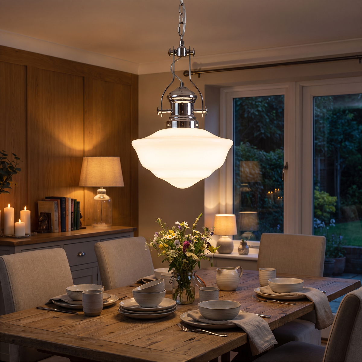 Chrome & White Glass Bowl Chain Pendant in a dining room