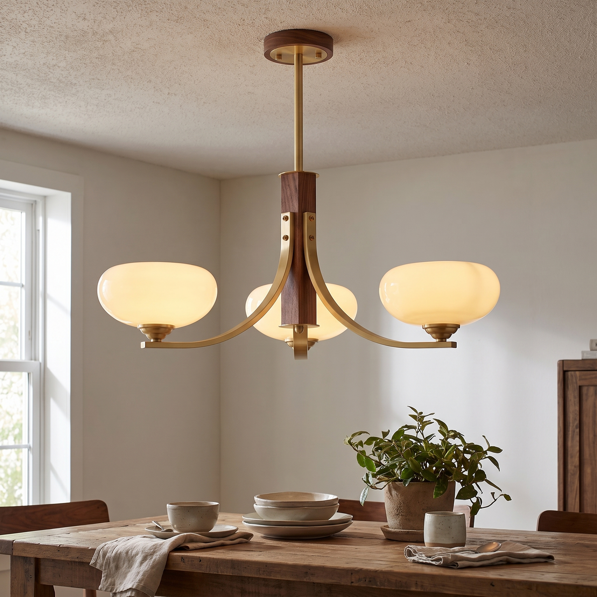 Three-Arm Walnut & Brass Glass Shade Chandelier close-up detail