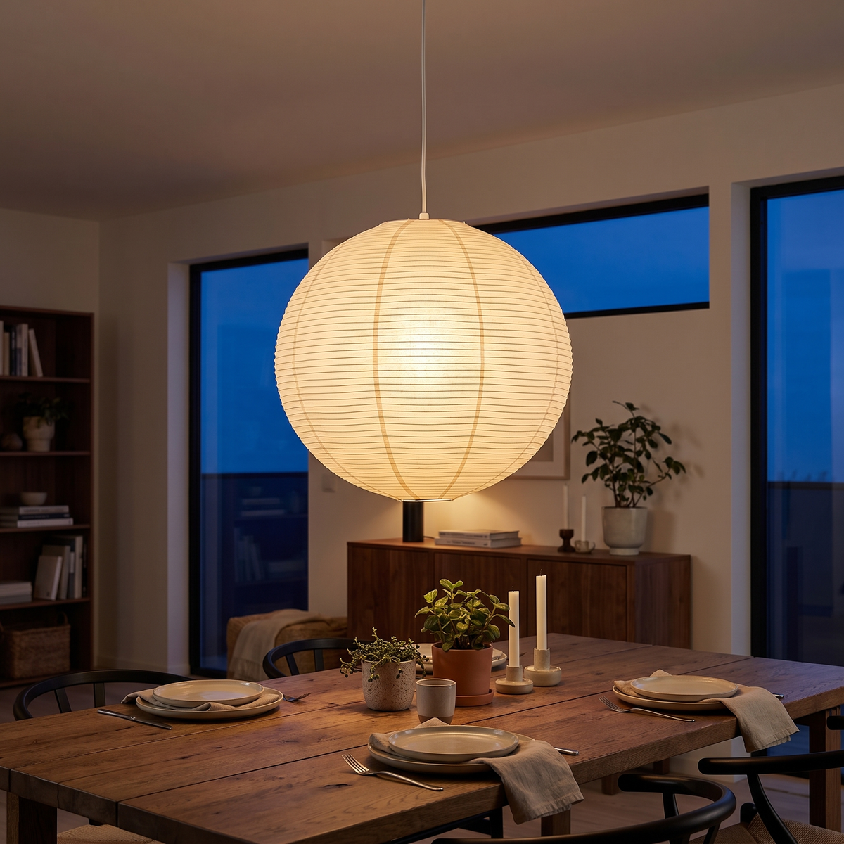 Ribbed Rice Paper Globe Pendant Lamp in a dining room