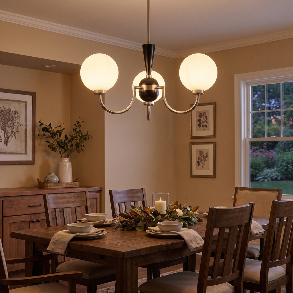 Three-Globe Frosted Glass Nickel Chandelier in a dining room