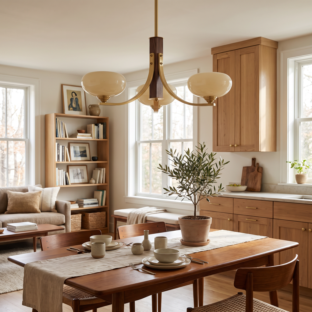 Three-Arm Walnut & Brass Glass Shade Chandelier in a living room