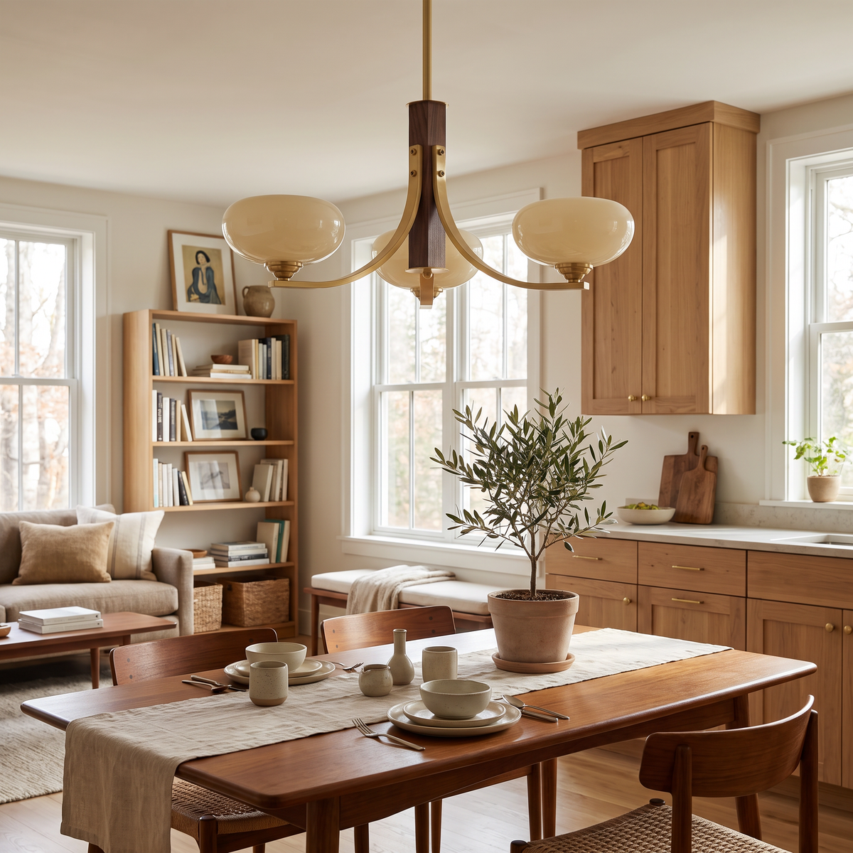Three-Arm Walnut & Brass Glass Shade Chandelier in a living room