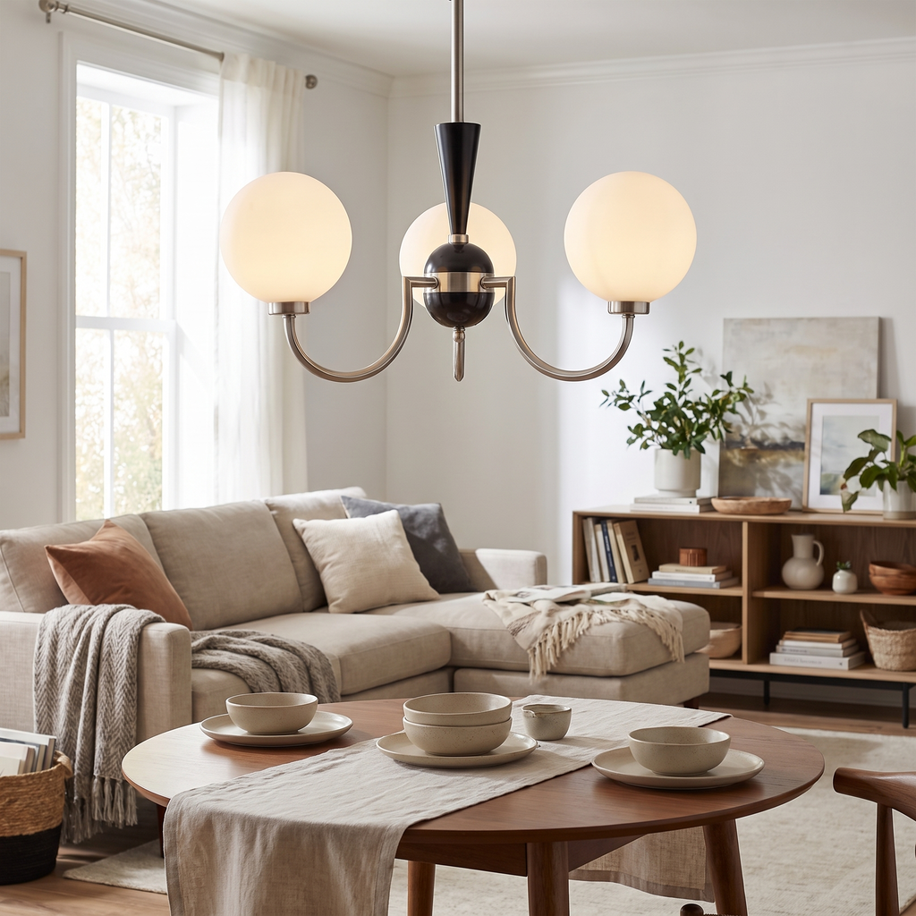 Three-Globe Frosted Glass Nickel Chandelier in a living room