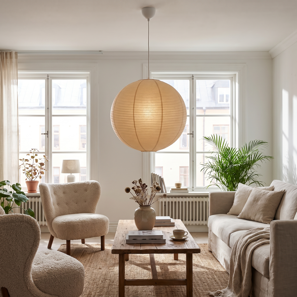 Ribbed Rice Paper Globe Pendant Lamp in a living room