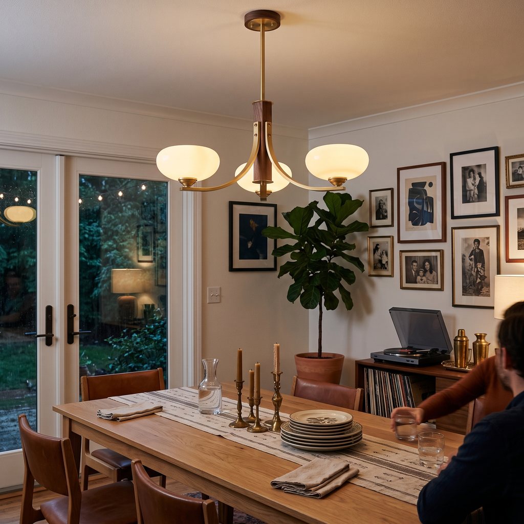 Three-Arm Walnut & Brass Glass Shade Chandelier in a dining room