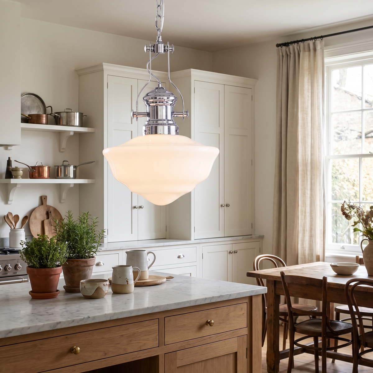Chrome & White Glass Bowl Chain Pendant in a living room