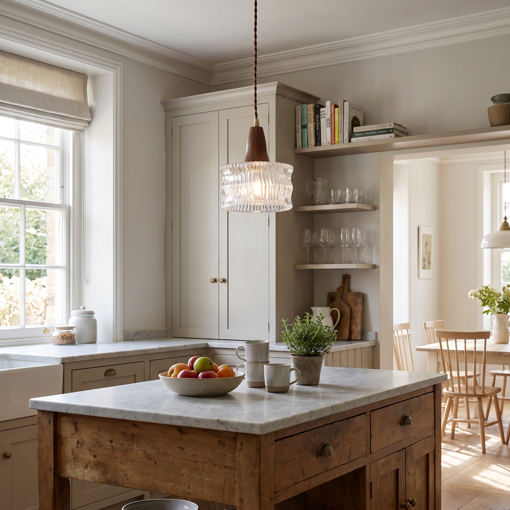 Walnut & Carved Glass Mini Pendant Light in a living room