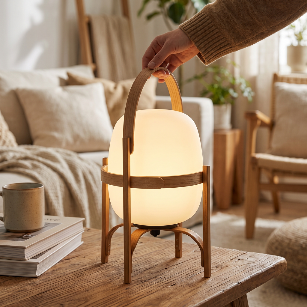 Wooden Frame Glass Lantern Table Lamp close-up detail