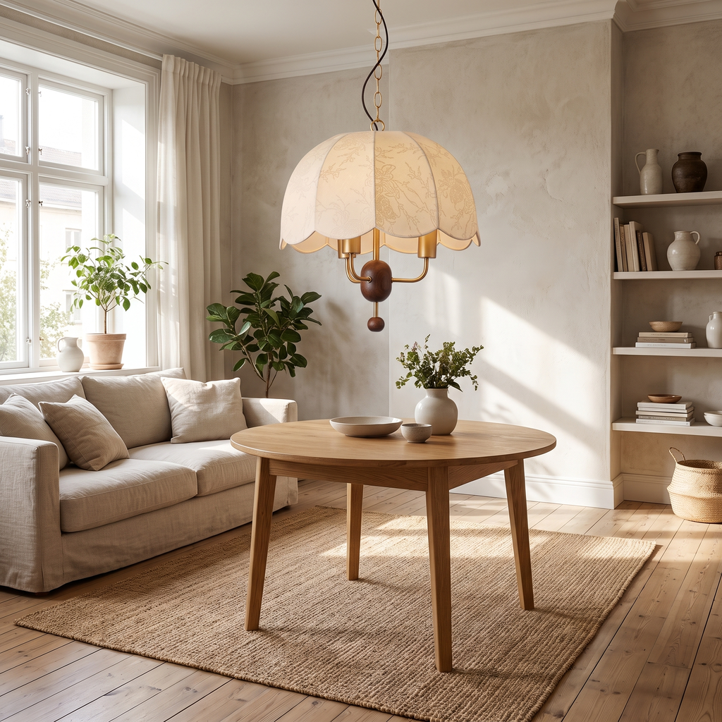 Scalloped Fabric Dome Pendant Lamp in a living room