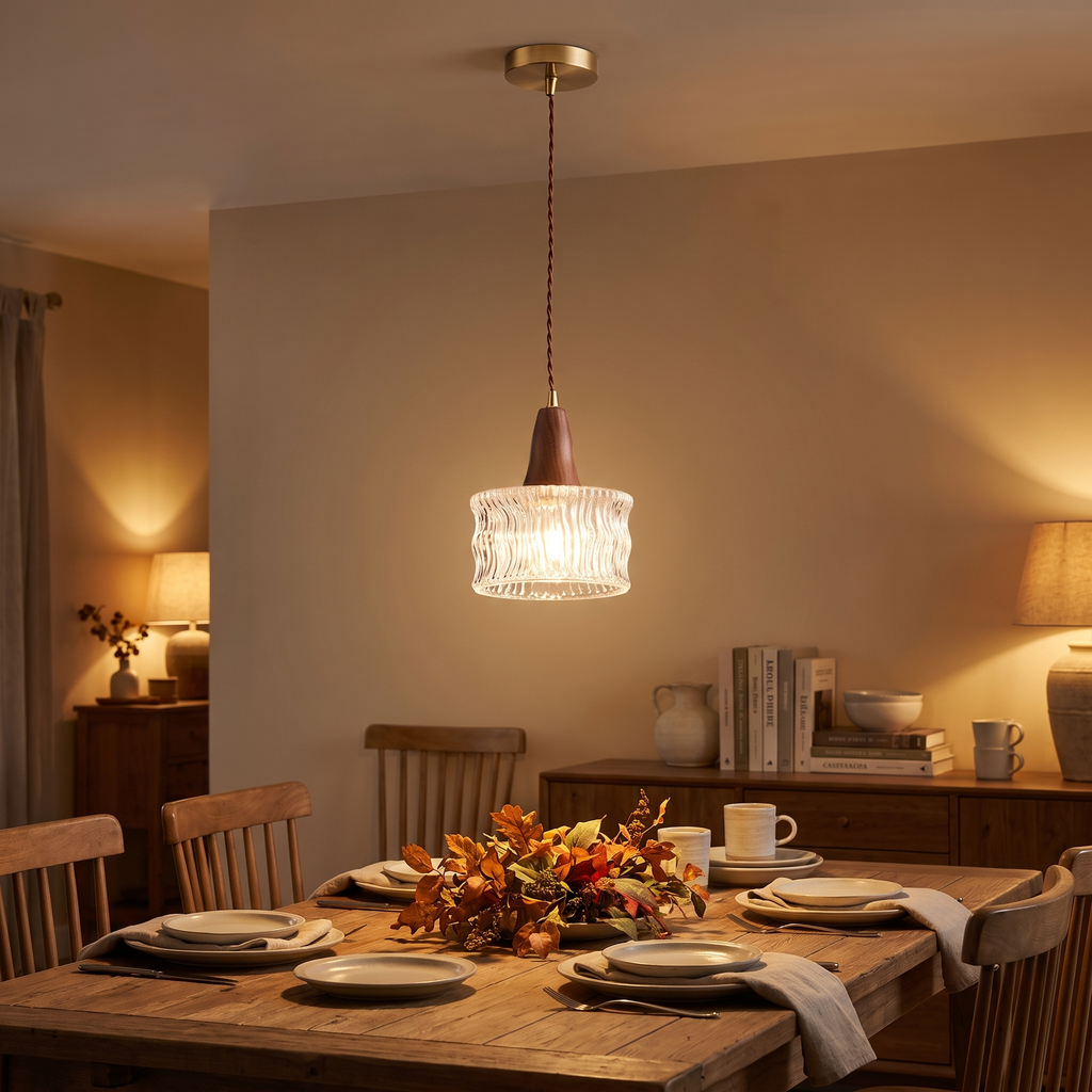 Walnut & Carved Glass Mini Pendant Light in a dining room