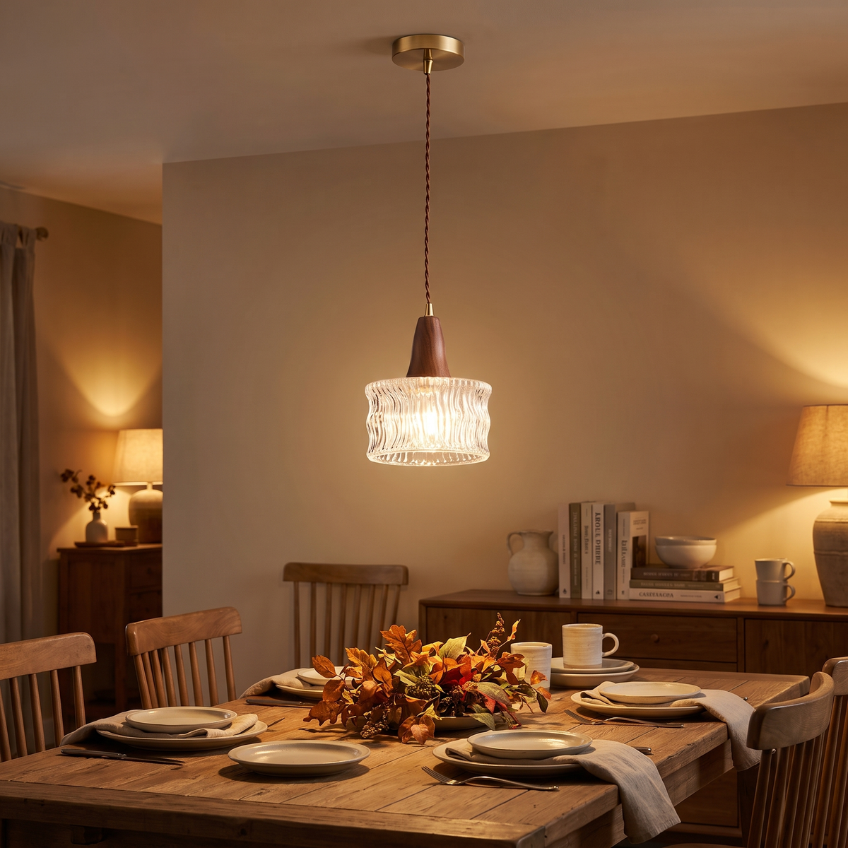 Walnut & Carved Glass Mini Pendant Light in a dining room
