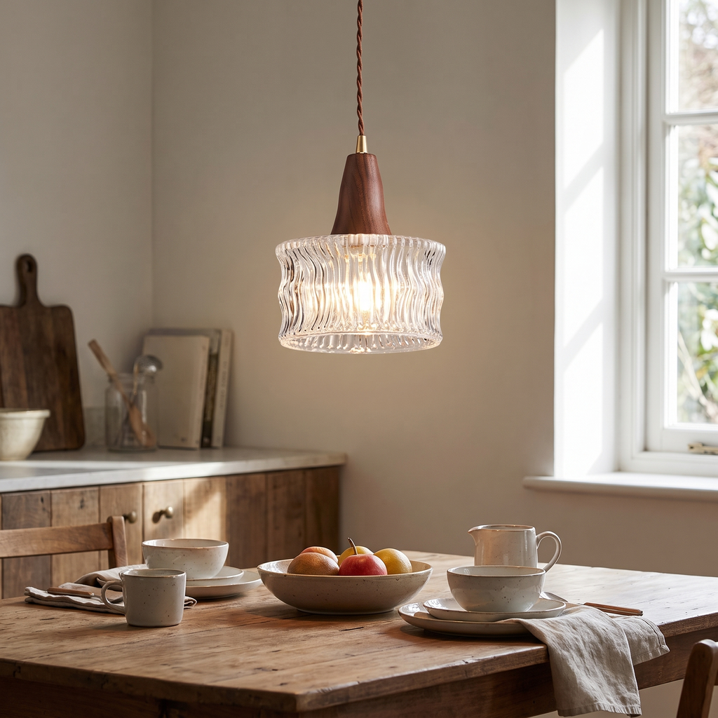 Walnut & Carved Glass Mini Pendant Light close-up detail
