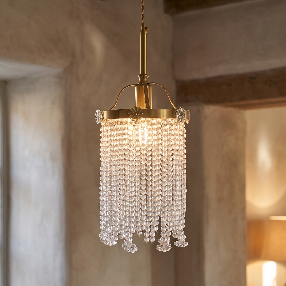 Beaded Strand Brass Cylinder Pendant close-up detail