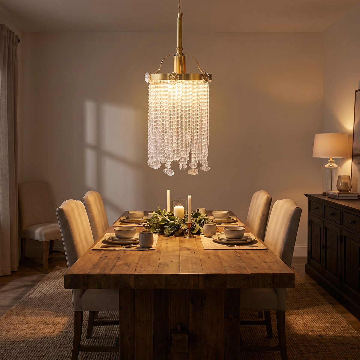 Beaded Strand Brass Cylinder Pendant in a dining room