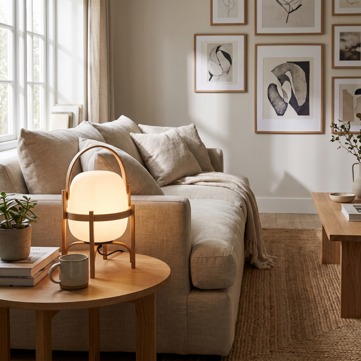 Wooden Frame Glass Lantern Table Lamp in a living room