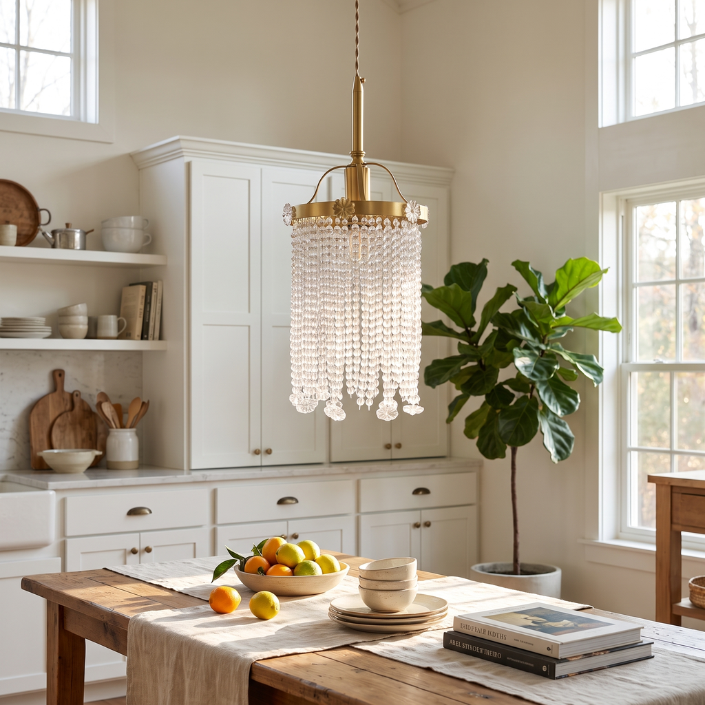 Beaded Strand Brass Cylinder Pendant in a living room