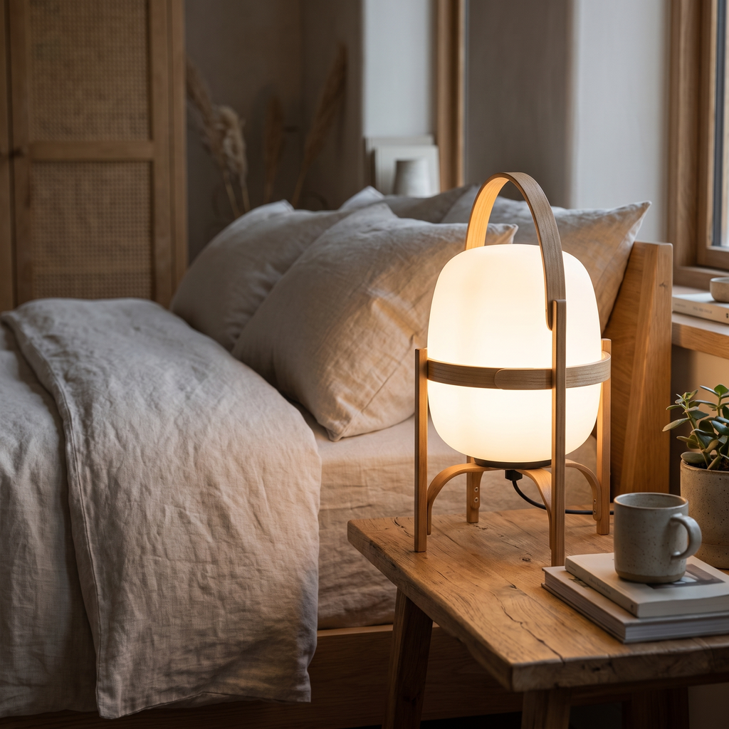 Wooden Frame Glass Lantern Table Lamp in a bedroom