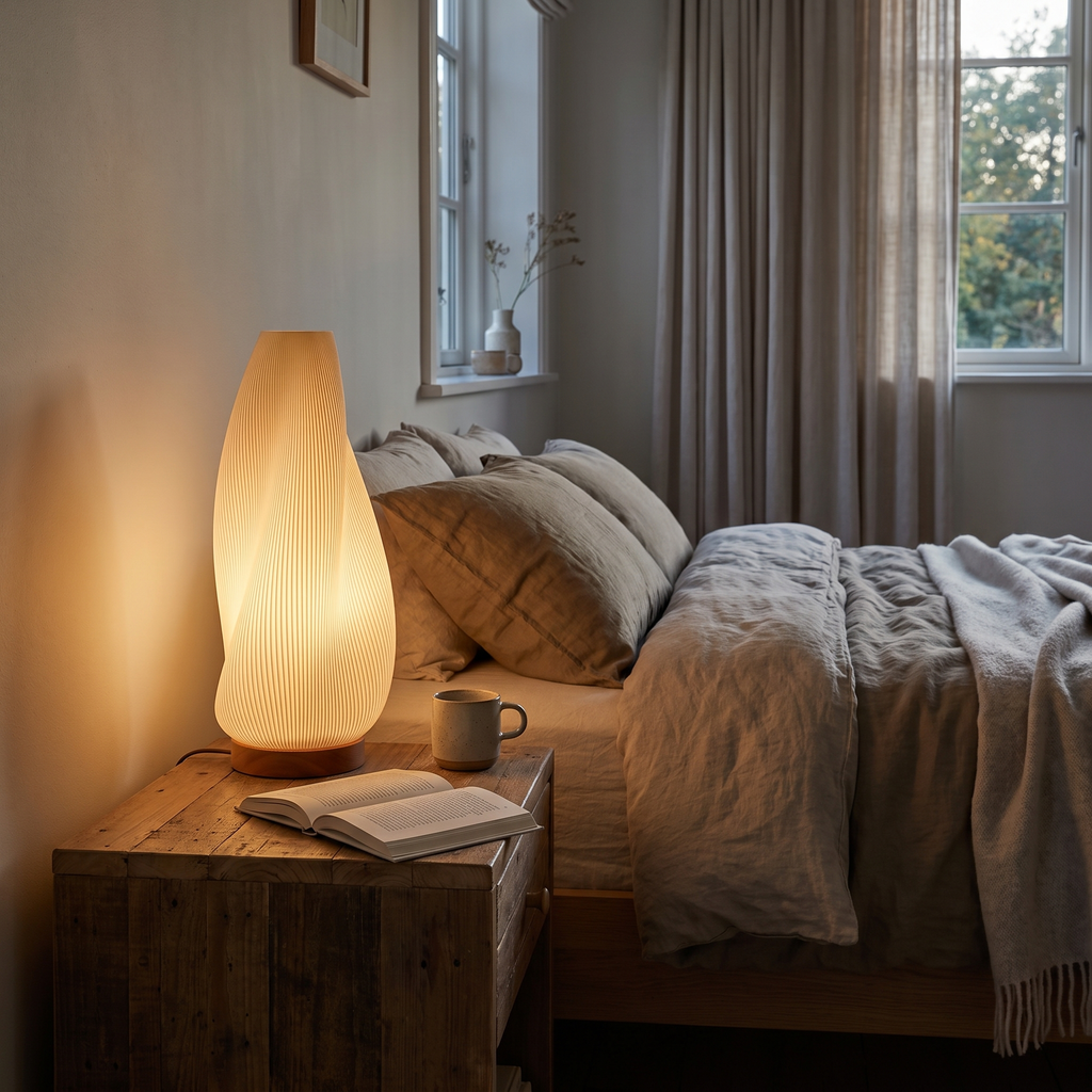 Swirl Pleated Shade Wood Base Table Lamp in a bedroom