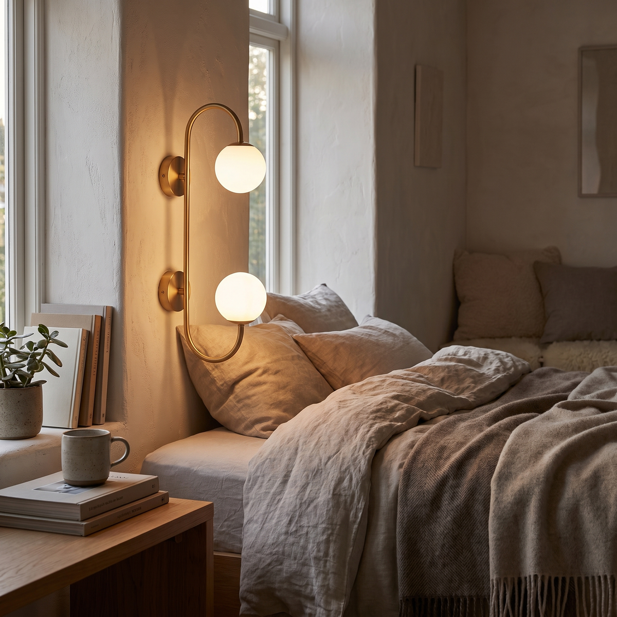 Twin Frosted Globe Curved Brass Wall Lamp in a bedroom