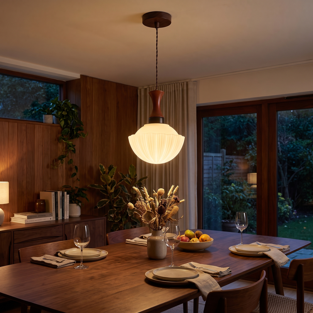Fluted Glass Walnut Pendant Light in a dining room