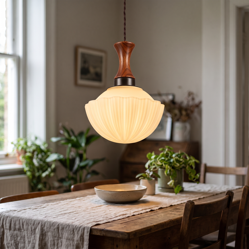 Fluted Glass Walnut Pendant Light close-up detail