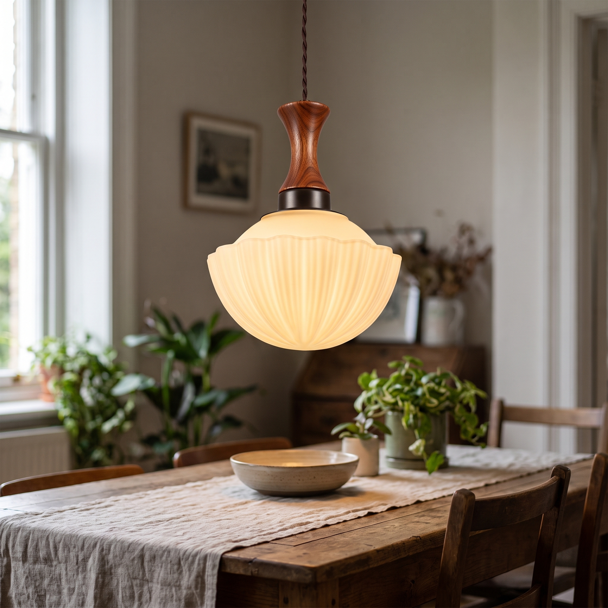 Fluted Glass Walnut Pendant Light close-up detail