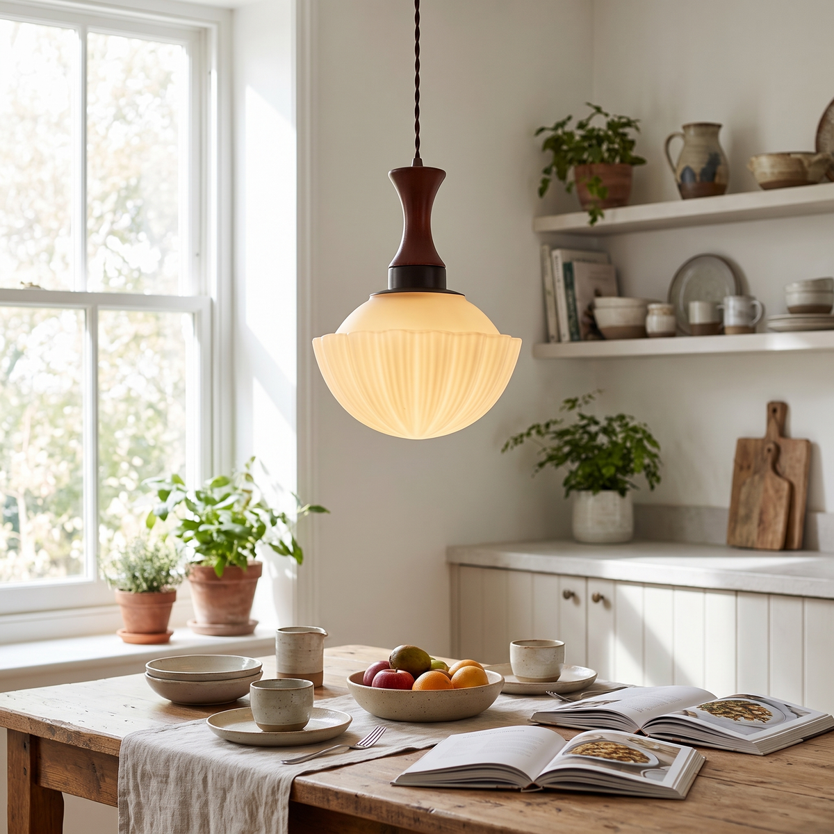 Fluted Glass Walnut Pendant Light in a living room