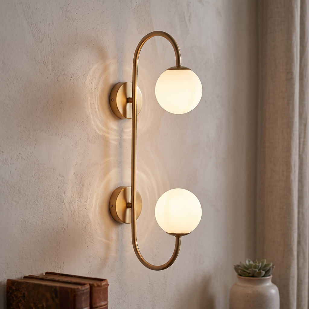 Twin Frosted Globe Curved Brass Wall Lamp close-up detail