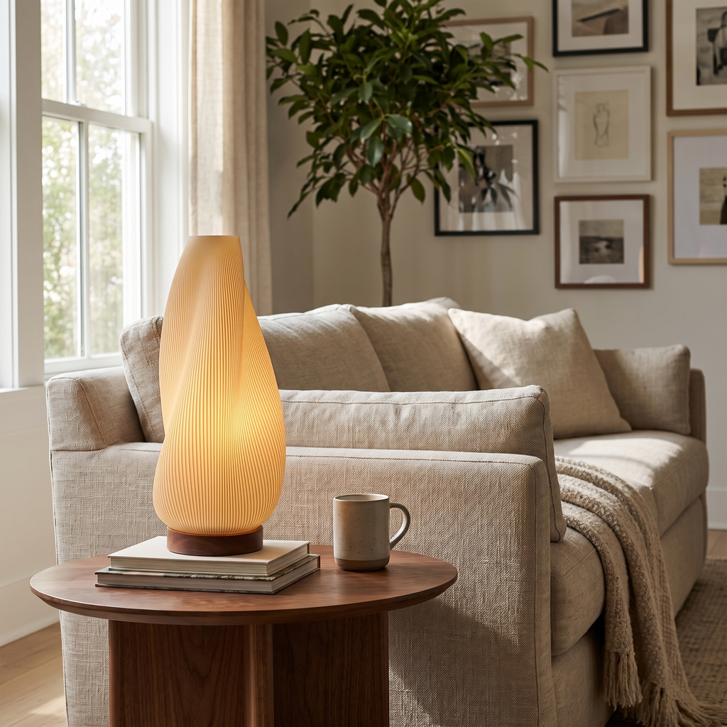 Swirl Pleated Shade Wood Base Table Lamp in a living room