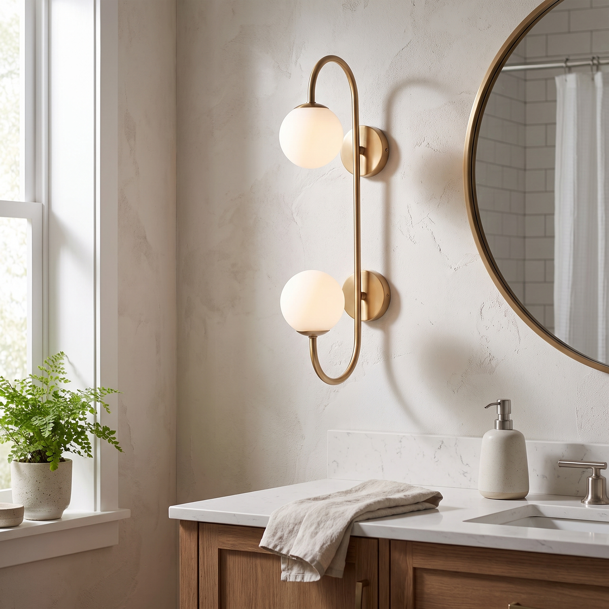 Twin Frosted Globe Curved Brass Wall Lamp in a hallway