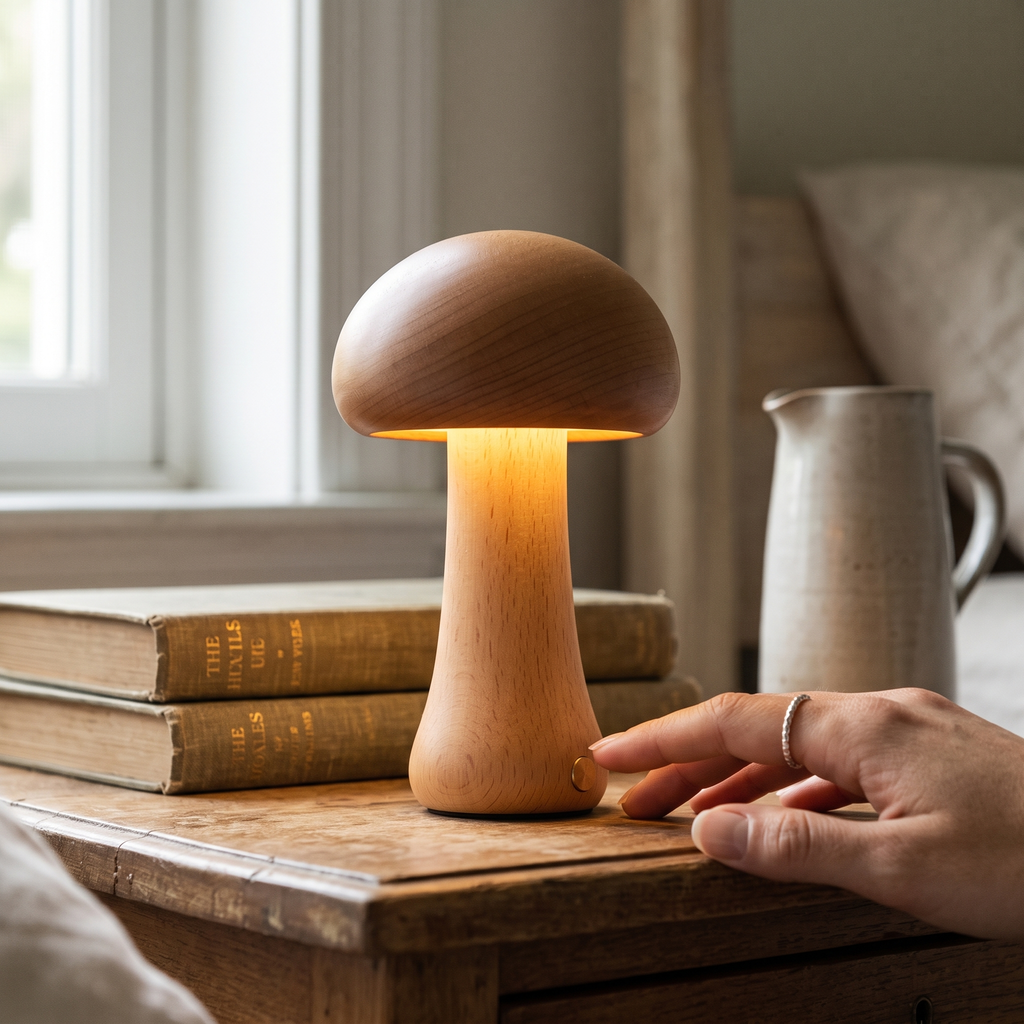Cordless Wooden Mushroom Table Lamp close-up detail